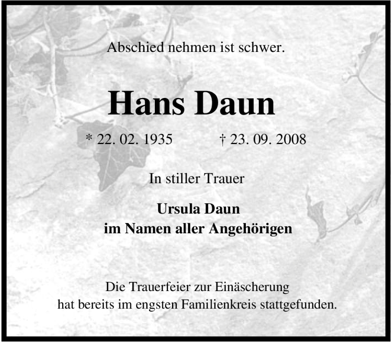  Traueranzeige für Hans Daun vom 27.09.2008 aus Tageszeitung