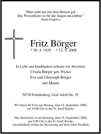 Traueranzeige von Fritz Börger von Tageszeitung