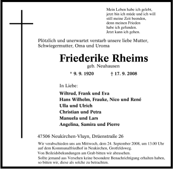 Traueranzeige von Friederike Rheims von Tageszeitung