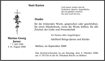 Traueranzeige von Marian-Georg Jarosz von Tageszeitung