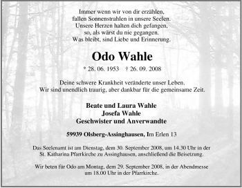 Traueranzeige von Odo Wahle von Tageszeitung