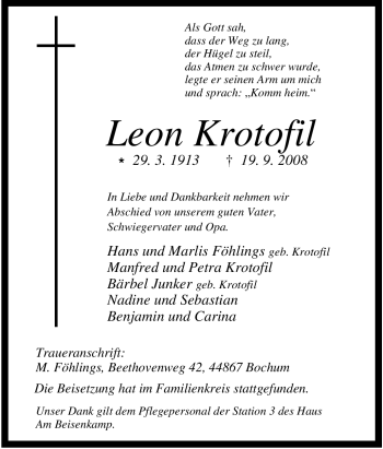 Traueranzeige von Leon Krotofil von Tageszeitung