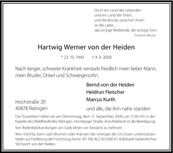 Traueranzeige von Hartwig Werner von der Heiden von Tageszeitung