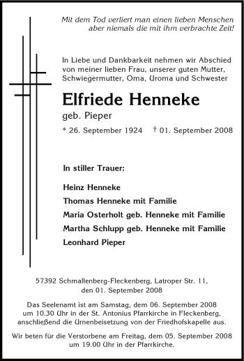 Traueranzeige von Elfriede Henneke von Tageszeitung