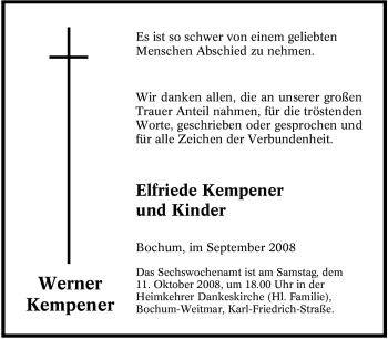 Traueranzeige von Werner Kempener von Tageszeitung
