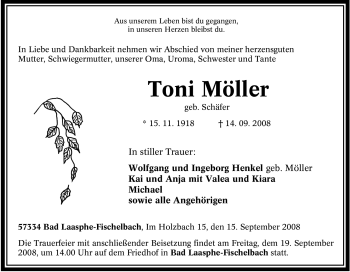 Traueranzeige von Toni Möller von Tageszeitung