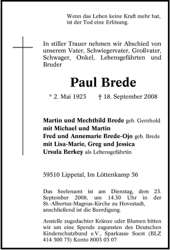 Traueranzeige von Paul Brede von Tageszeitung