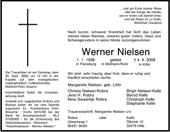 Traueranzeige von Werner Nielsen von Tageszeitung