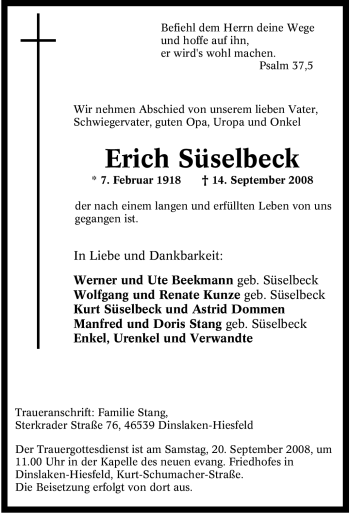 Traueranzeige von Erich Süselbeck von Tageszeitung