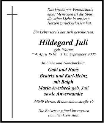 Traueranzeige von Hildegard Juli von Tageszeitung