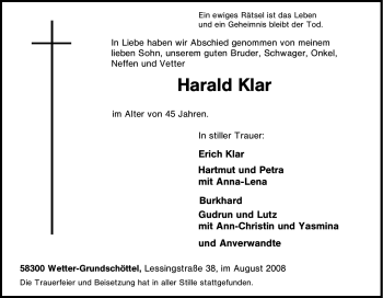 Traueranzeige von Harald Klar von Tageszeitung