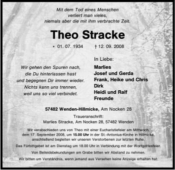 Traueranzeige von Theo Stracke von Tageszeitung