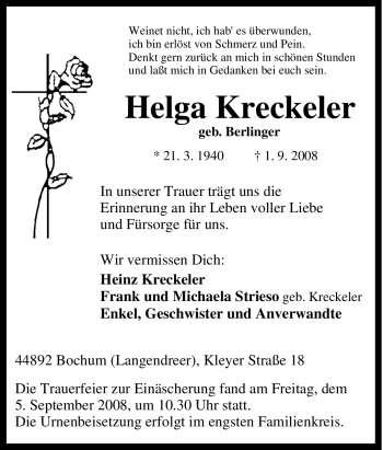 Traueranzeige von Helga Kreckeler von Tageszeitung