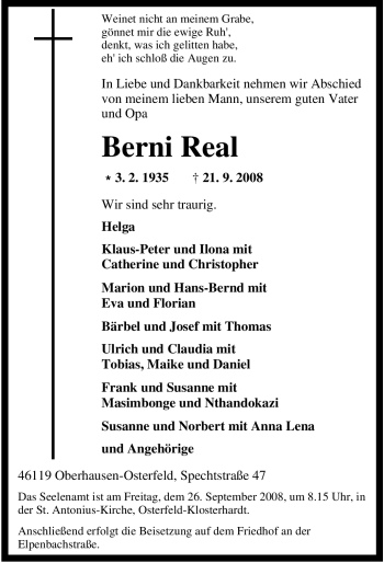Traueranzeige von Berni Real von Tageszeitung
