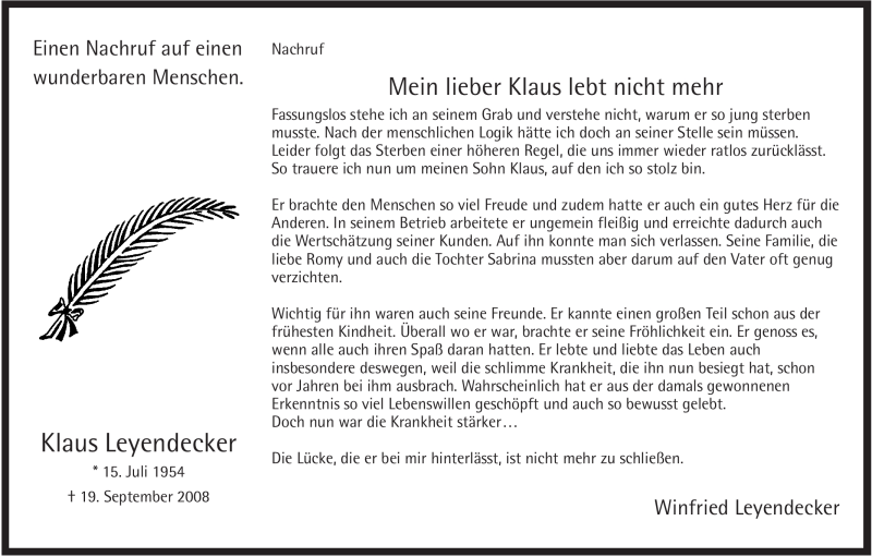  Traueranzeige für Klaus Leyendecker vom 27.09.2008 aus Tageszeitung