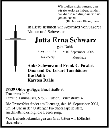 Traueranzeige von Jutta Erna Schwarz von Tageszeitung
