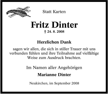 Traueranzeige von Fritz Dinter von Tageszeitung