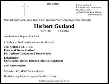 Traueranzeige von Herbert Gutland von Tageszeitung