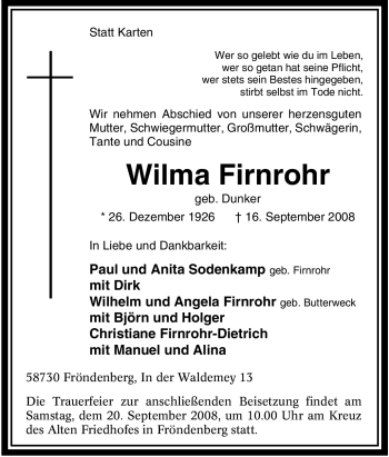 Traueranzeige von Wilma Firnrohr von Tageszeitung