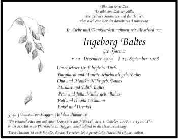 Traueranzeige von Ingeborg Baltes von Tageszeitung