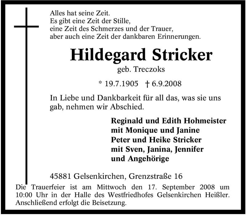  Traueranzeige für Hildegard Stricker vom 16.09.2008 aus Tageszeitung