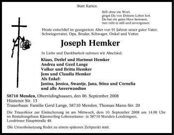 Traueranzeige von Joseph Hemker von Tageszeitung