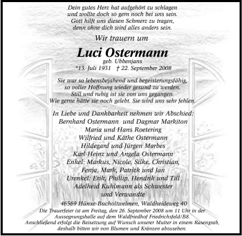 Traueranzeige von Luci Ostermann von Tageszeitung