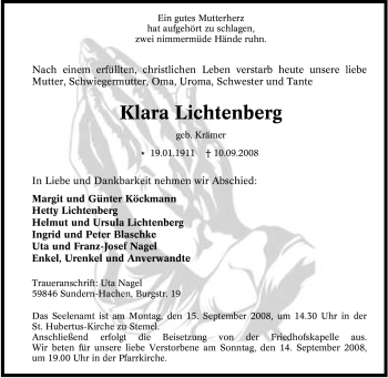Traueranzeige von Klara Lichtenberg von Tageszeitung