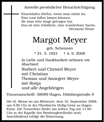 Traueranzeige von Margot Meyer von Tageszeitung