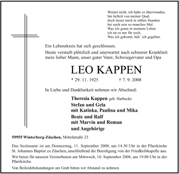 Traueranzeige von Leo Kappen von Tageszeitung