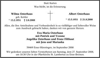 Traueranzeige von Wilma Osterhaus von Tageszeitung