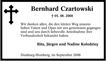 Traueranzeige von Bernhard Czartowski von Tageszeitung
