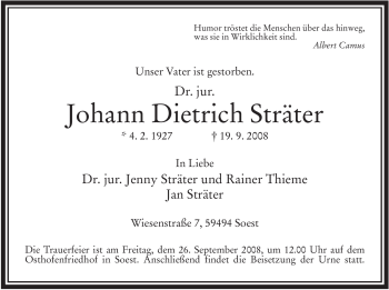 Traueranzeige von Johann Dietrich Sträter von Tageszeitung