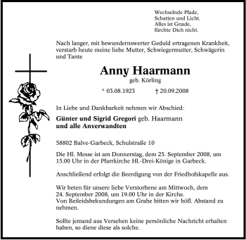 Traueranzeige von Anny Haarmann von Tageszeitung
