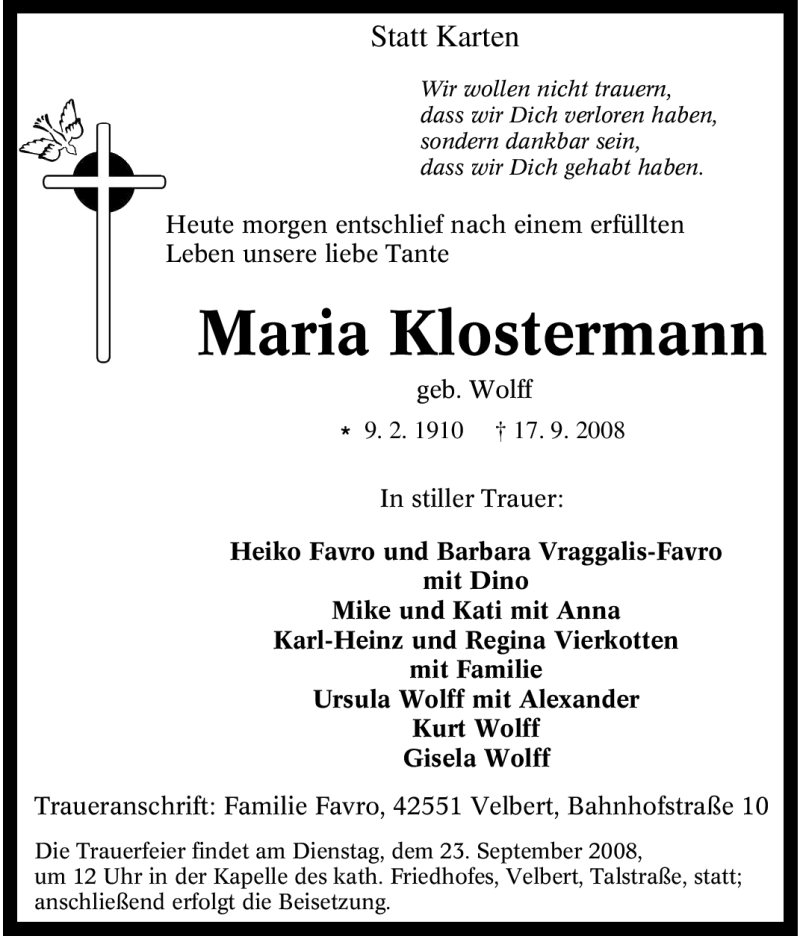 Traueranzeigen von Maria Klostermann TrauerinNRW.de