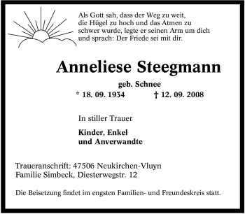 Traueranzeige von Anneliese Steegmann von Tageszeitung
