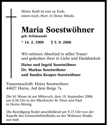 Traueranzeige von Maria Soestwöhner von Tageszeitung