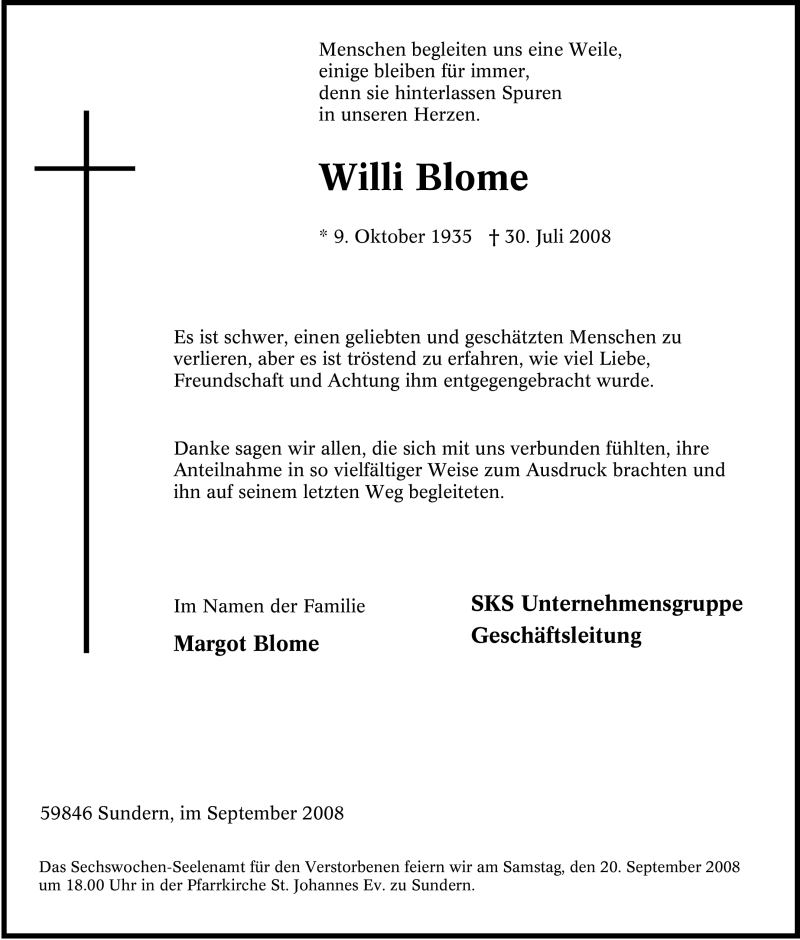  Traueranzeige für Willi Blome vom 15.09.2008 aus Tageszeitung