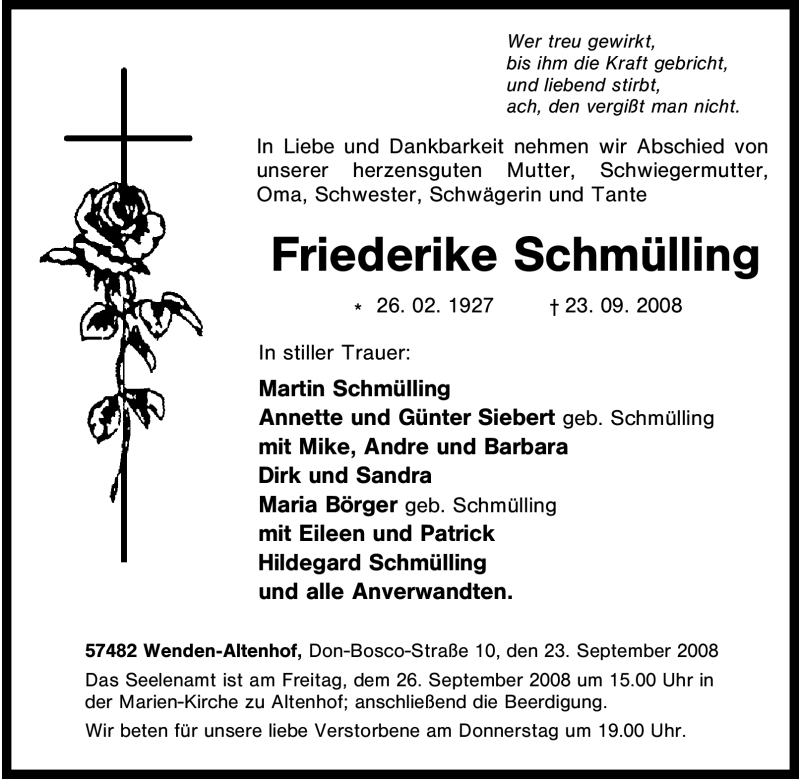  Traueranzeige für Friederike Schmülling vom 24.09.2008 aus Tageszeitung