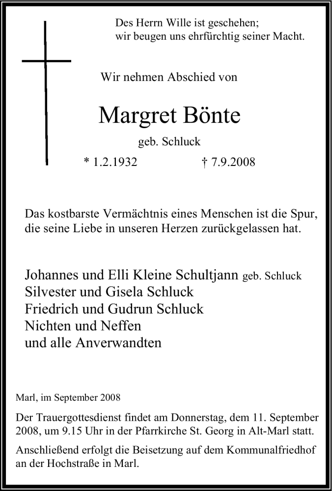  Traueranzeige für Margret Bönte vom 09.09.2008 aus Tageszeitung