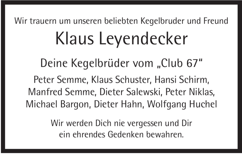  Traueranzeige für Klaus Leyendecker vom 23.09.2008 aus Tageszeitung