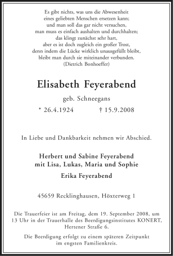 Traueranzeige von Elisabeth Feyerabend von Tageszeitung