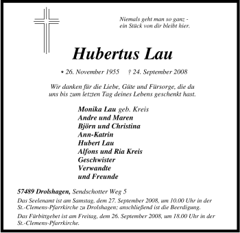 Traueranzeige von Hubertus Lau von Tageszeitung