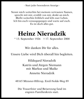 Traueranzeige von Heinz Nieradzik von Tageszeitung