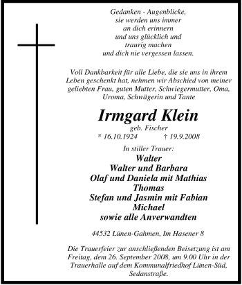 Traueranzeige von Irmgard Klein von Tageszeitung