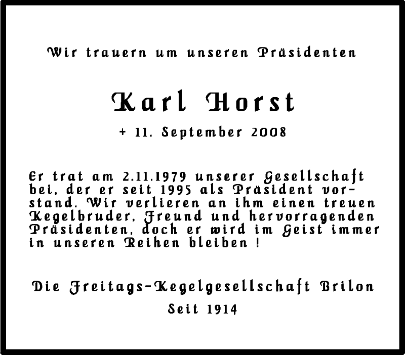  Traueranzeige für Karl Horst vom 19.09.2008 aus WESTDEUTSCHE ALLGEMEINE ZEITUNG