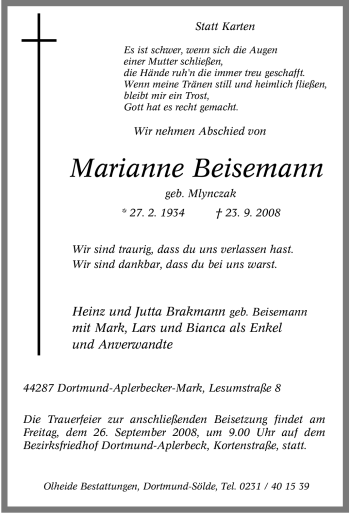 Traueranzeige von Marianne Beisemann von Tageszeitung