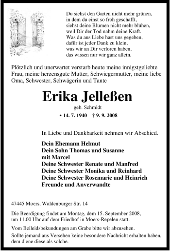 Traueranzeige von Erika Jelleßen von Tageszeitung