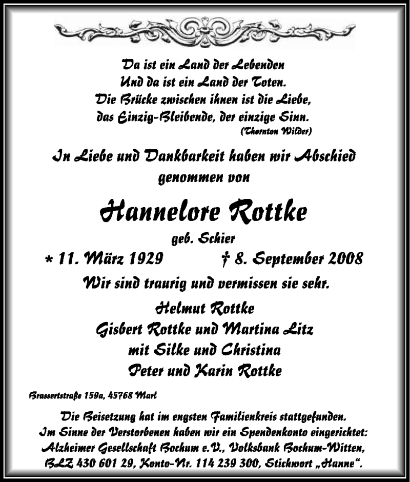  Traueranzeige für Hannelore Rottke vom 13.09.2008 aus Tageszeitung