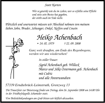 Traueranzeige von Heiko Achenbach von Tageszeitung